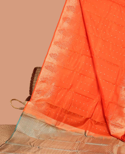 Orange buttas silk saree, tree motifs border & jaal design pallu
