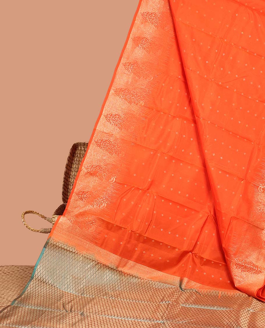 Orange buttas silk saree, tree motifs border & jaal design pallu
