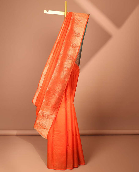 Orange buttas silk saree, tree motifs border & jaal design pallu