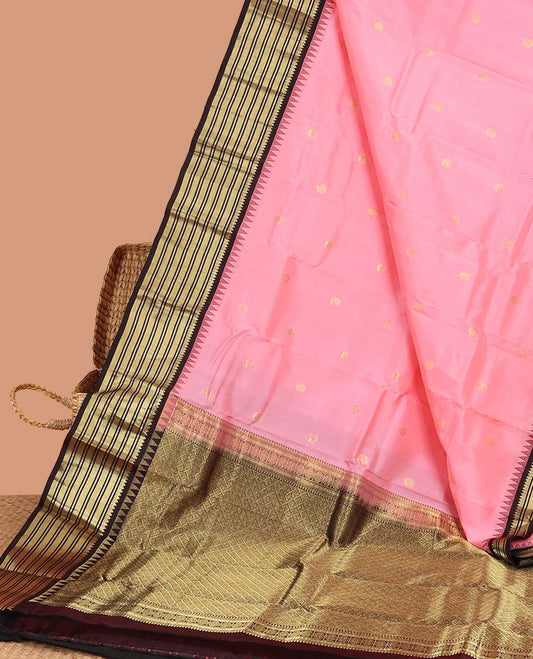 Pink zari buttas silk saree, contrast border of thilakam mokku,kathir & Muthu & jaal pallu