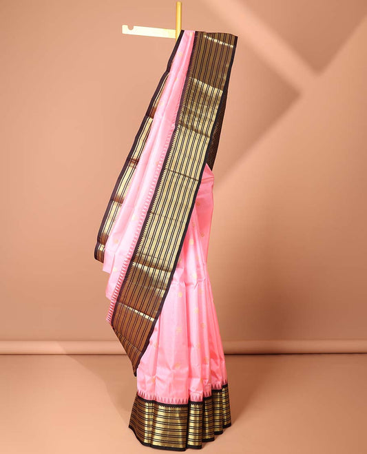 Pink zari buttas silk saree, contrast border of thilakam mokku,kathir & Muthu & jaal pallu