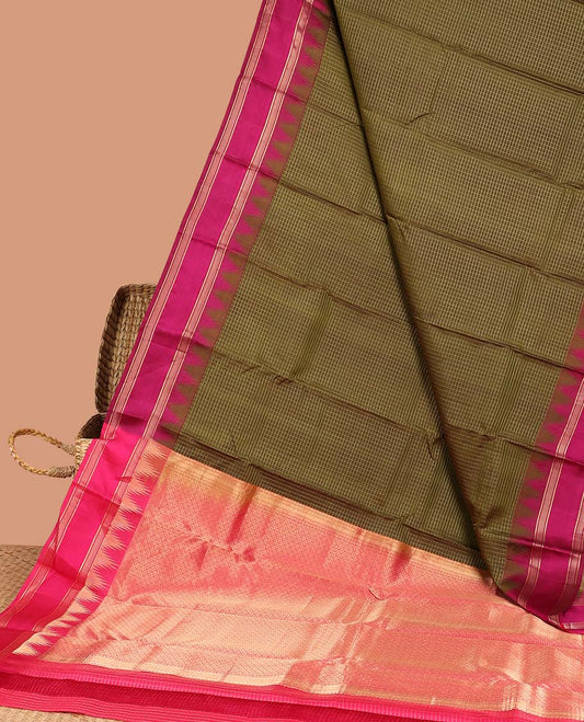 Green checked Silk saree, contrast temple zari striped border & intricate pallu