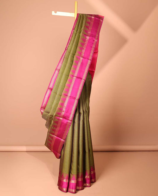 Green checked Silk saree, contrast temple zari striped border & intricate pallu