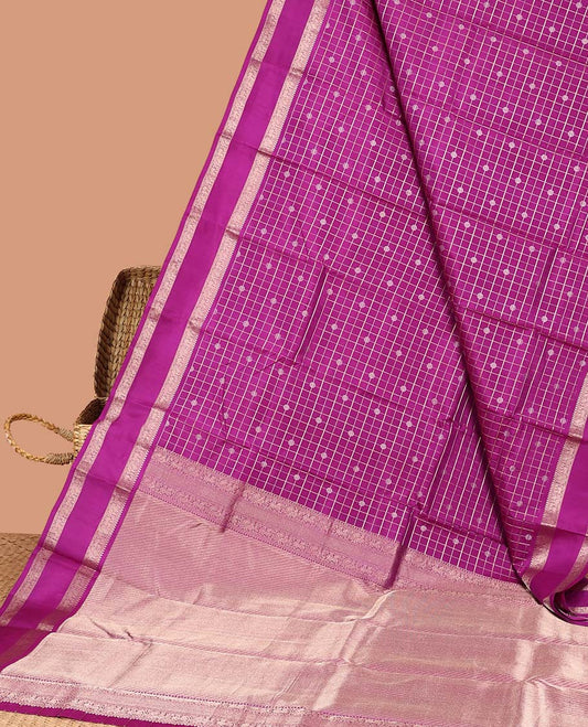 Pink checked & buttas silk saree, zari border features thilakam mokku, kodi mayil & yaanai designs