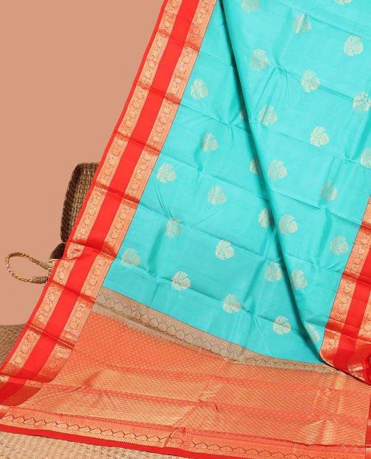 Blue zari buttas silk saree, contrast rettai pettu border of neli & kodi visiry & intricate pallu