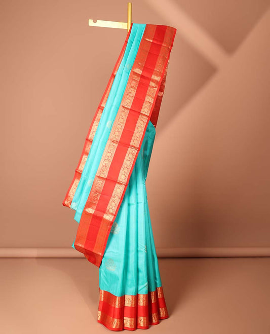 Blue zari buttas silk saree, contrast rettai pettu border of neli & kodi visiry & intricate pallu