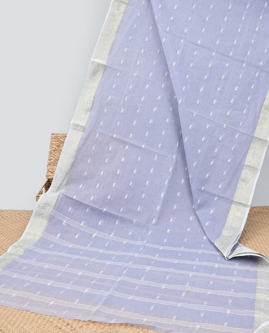 Grey Bengal cotton saree with buttas, contrast floral design border