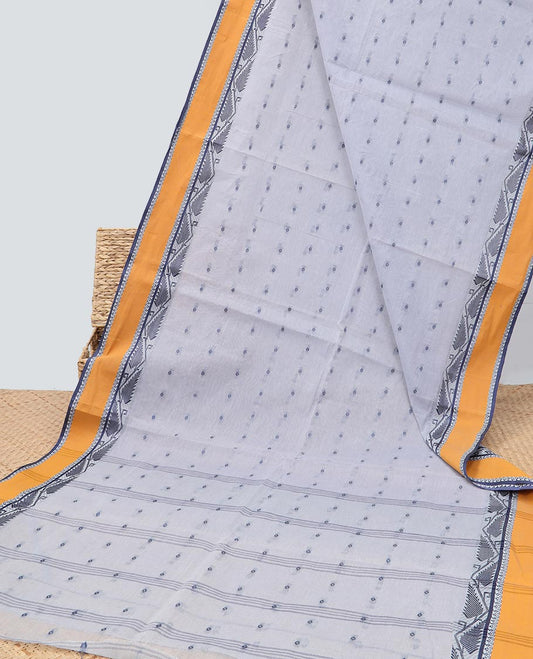 Grey buttas Bengal cotton saree, contrast border of lead design & striped pallu