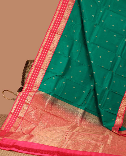 Green zari buttas silk saree, contrast traditional zari design border & Jaal pallu