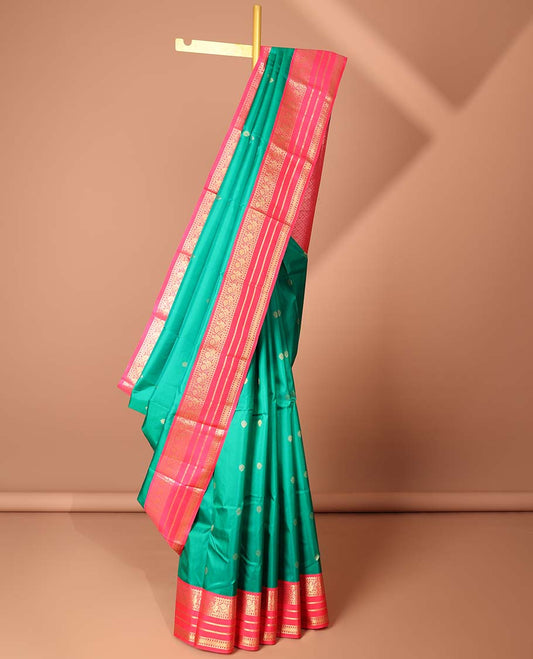 Green zari buttas silk saree, contrast traditional zari design border & Jaal pallu