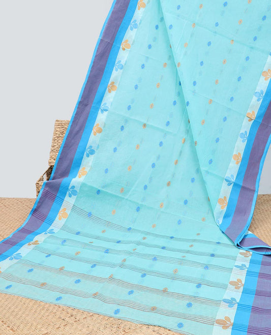 Blue buttas Bengal cotton saree, contrast leaf motifs border & striped pallu