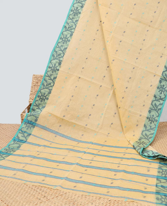Sandal buttas Bengal cotton saree, contrast  leaf vine border & striped pallu