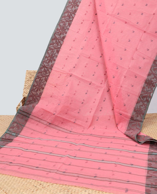 Pink buttas Bengal cotton saree, contrast unique design border & striped pallu