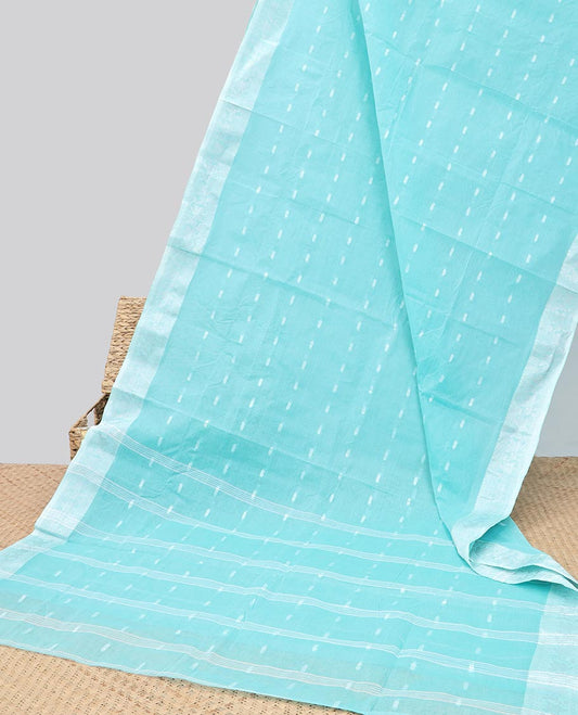 Blue buttas Bengal cotton saree,  floral design zari border & striped pallu