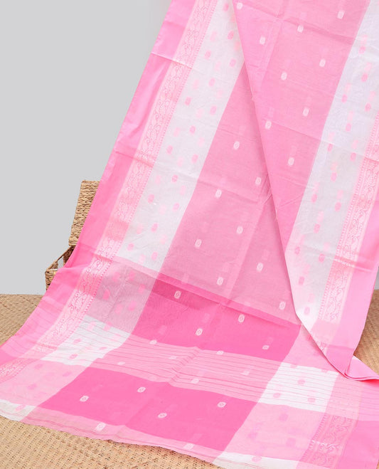 Pink buttas Bengal cotton saree, paisley design border & striped & buttas pallu