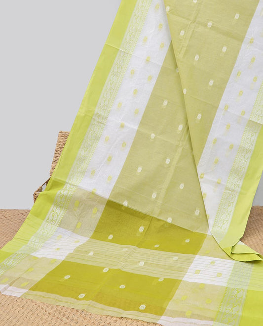 Green buttas Bengal cotton saree, paisley design border & striped & buttas pallu