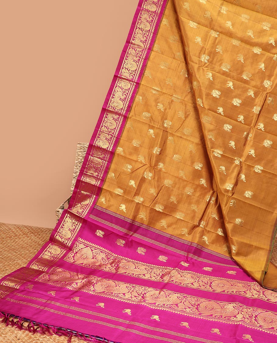 Mustard yaanai & mayil buttas Kanchipuram silk saree, contrast one-side traditional zari design border & peacock pallu