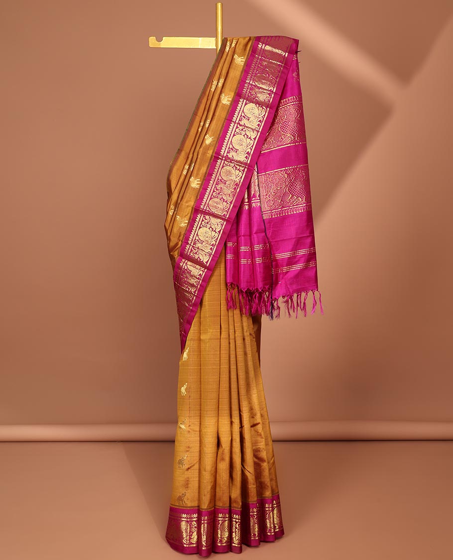 Mustard yaanai & mayil buttas Kanchipuram silk saree, contrast one-side traditional zari design border & peacock pallu