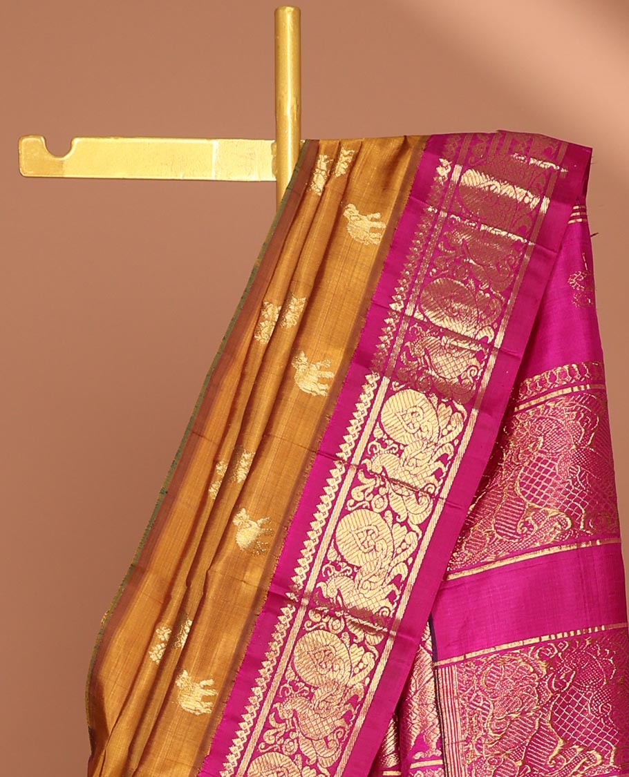 Mustard yaanai & mayil buttas Kanchipuram silk saree, contrast one-side traditional zari design border & peacock pallu