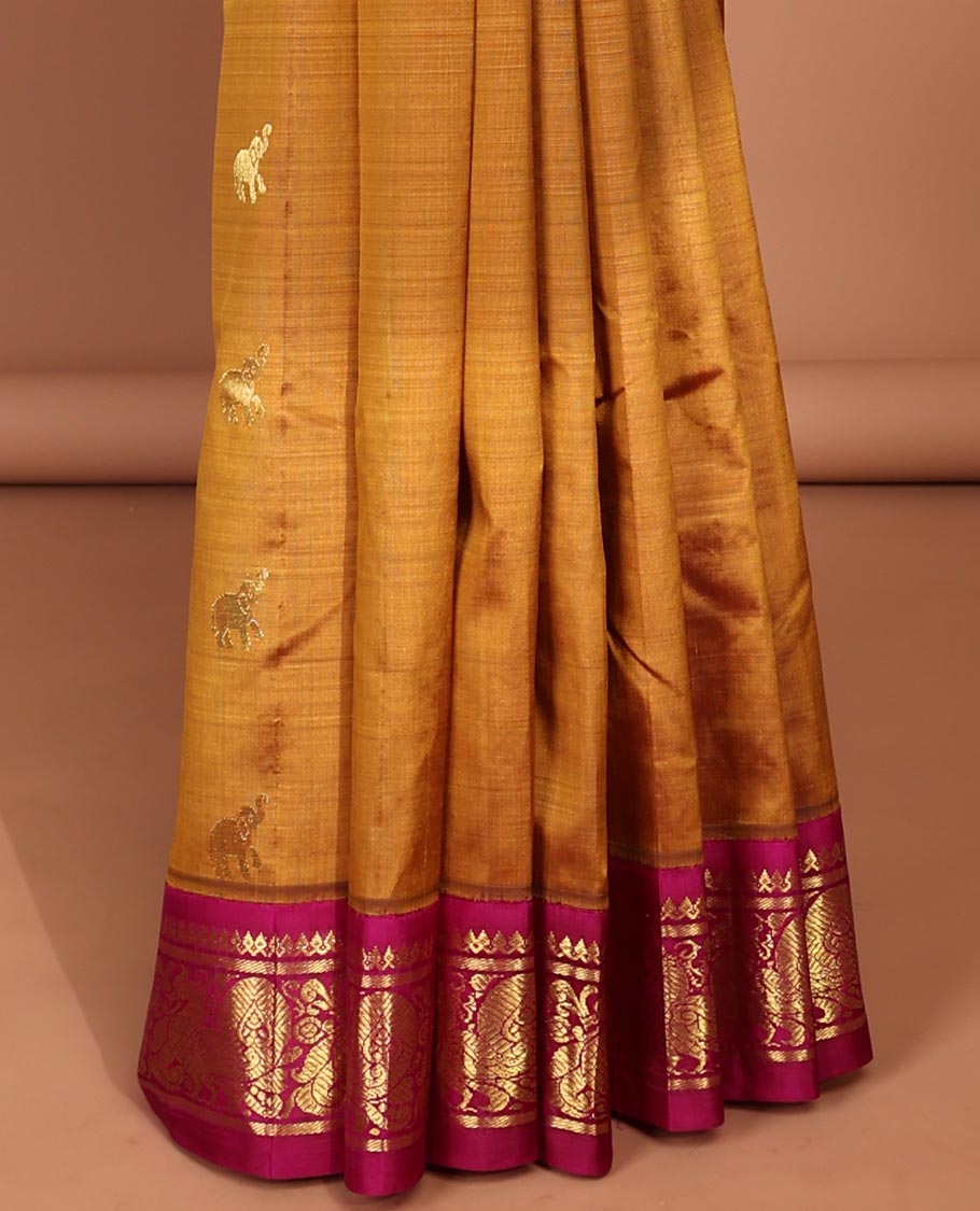 Mustard yaanai & mayil buttas Kanchipuram silk saree, contrast one-side traditional zari design border & peacock pallu