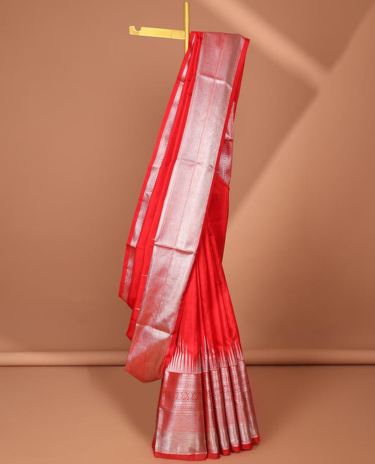 Red Vengatagiri silk saree with buttas, traditional zari design border & pallu of jaal designs