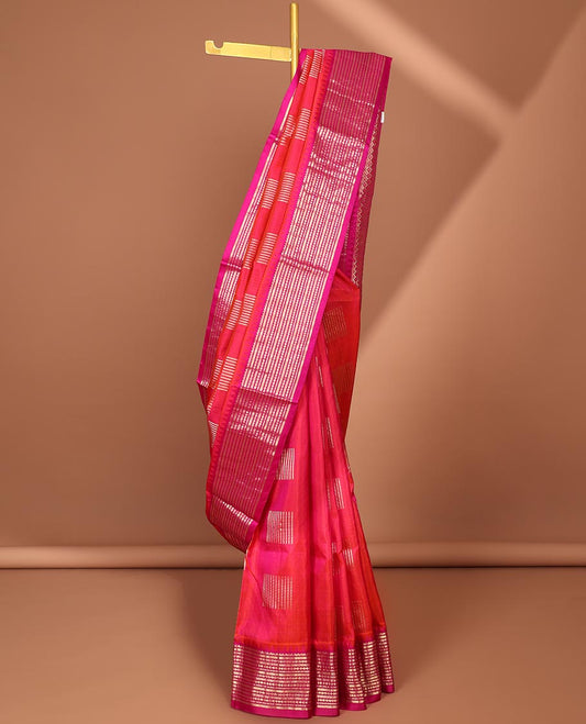 Red checked design Vengatagiri silk saree, contrast traditional zari design border & jaal pallu