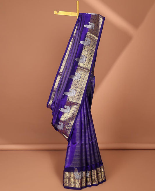 Violet zari design Vengatagiri silk saree, traditional zari design border of peacock design & pallu of intricate designs