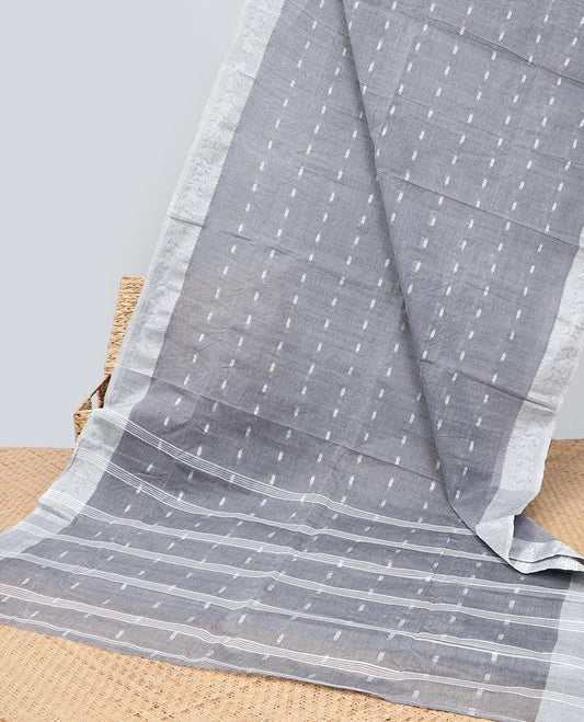 Grey Bengal cotton saree with buttas, contrast traditional design border & striped pallu