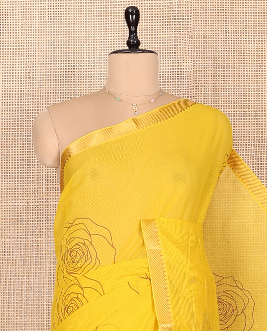Yellow Striped Andhra Cotton Saree, Bedecked with Floral Motifs Print, Highlighted by a Temple Zari Border, Contrast Striped Pallu, and a Contrast Blouse
