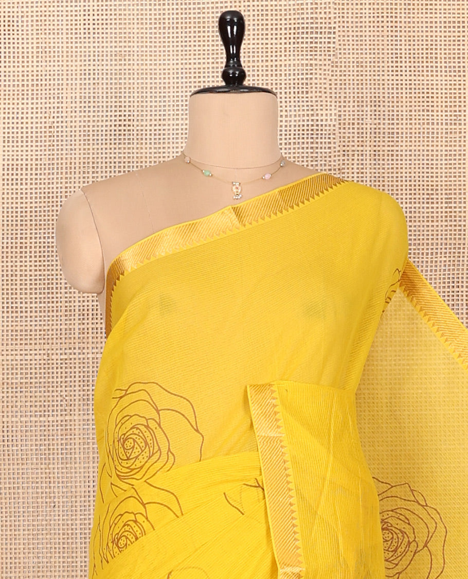 Yellow Striped Andhra Cotton Saree, Bedecked with Floral Motifs Print, Highlighted by a Temple Zari Border, Contrast Striped Pallu, and a Contrast Blouse