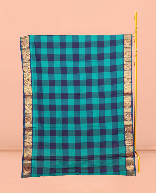 Dark Blue-Light Blue Chettinad Cotton Saree, Elevated with Checks, Highlighted by Traditional Paisley Border, Striped Pallu, and No Blouse