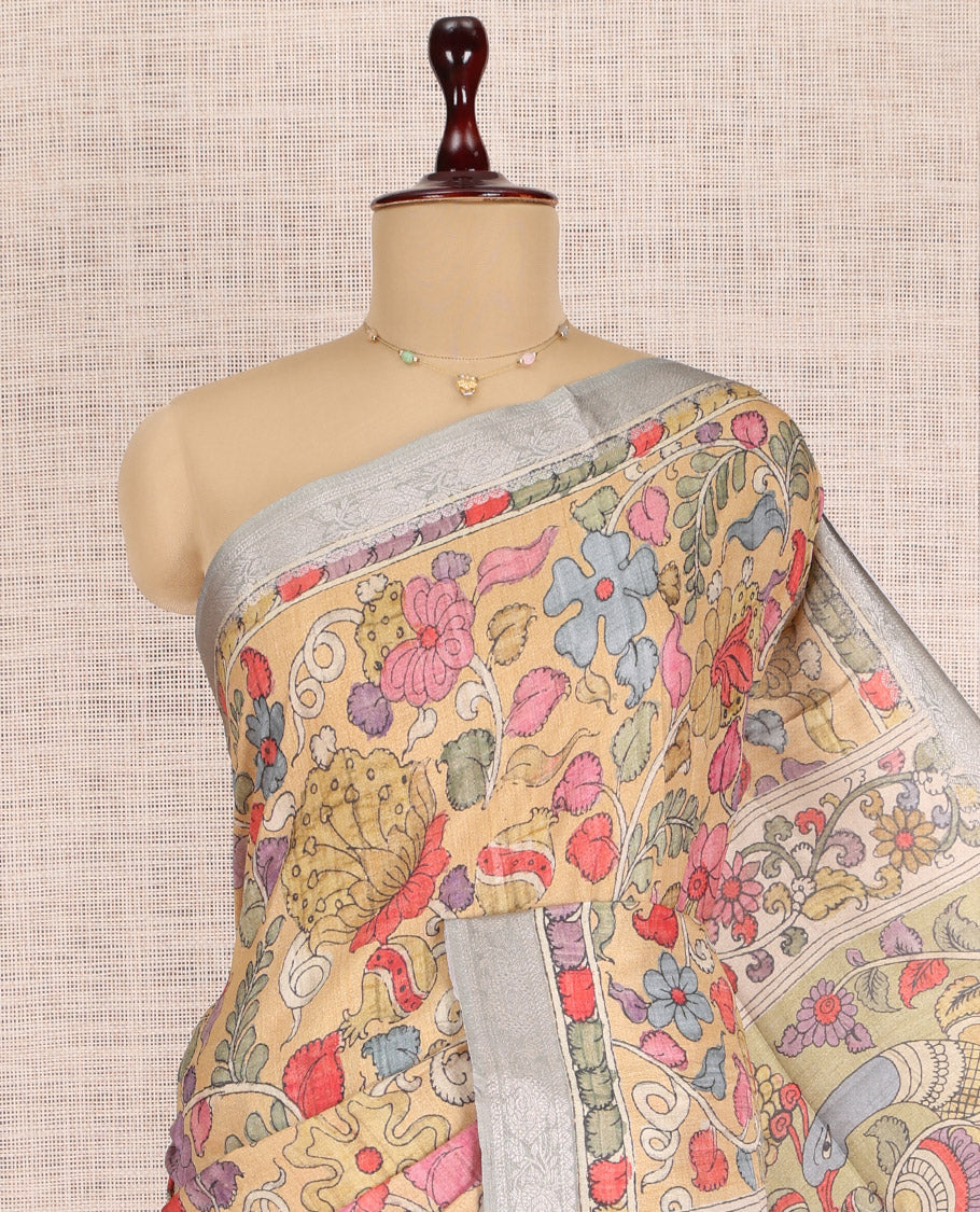 Light Sandal Kalamkari Printed Fancy Tussar Saree