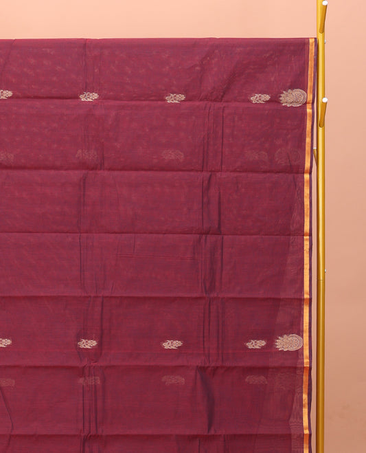 Wine Kanchi Cotton Saree, Subtly Woven with Buttas on Its Body, A Subtle Piping Border, Pallu of Intricate Design, and a Matching Blouse