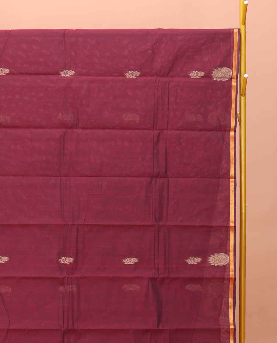 Wine Kanchi Cotton Saree, Subtly Woven with Buttas on Its Body, A Subtle Piping Border, Pallu of Intricate Design, and a Matching Blouse