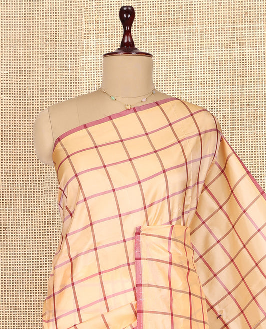 Borderless Sandal Checked Banana Pith Saree, Complemented by a Contrast Pallu of Stripes and Buttas, and a Contrast Blouse