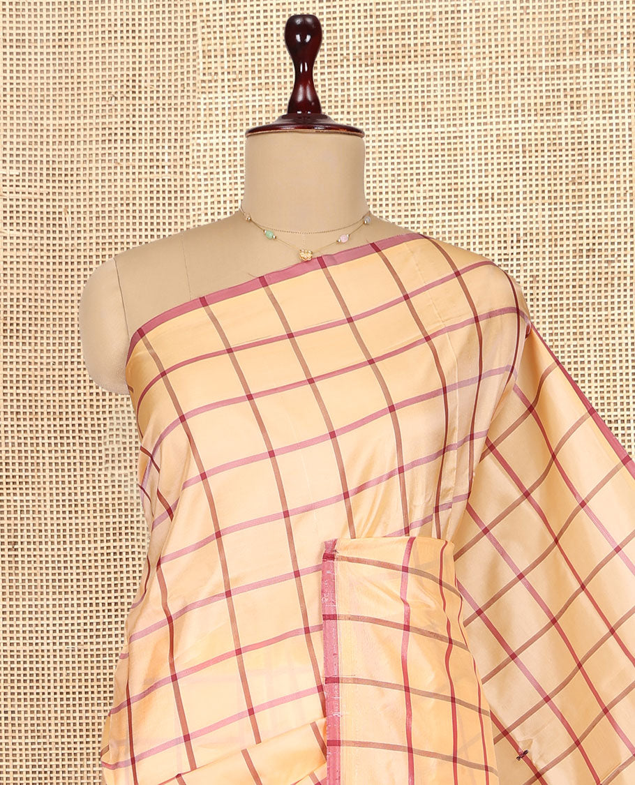 Borderless Sandal Checked Banana Pith Saree, Complemented by a Contrast Pallu of Stripes and Buttas, and a Contrast Blouse