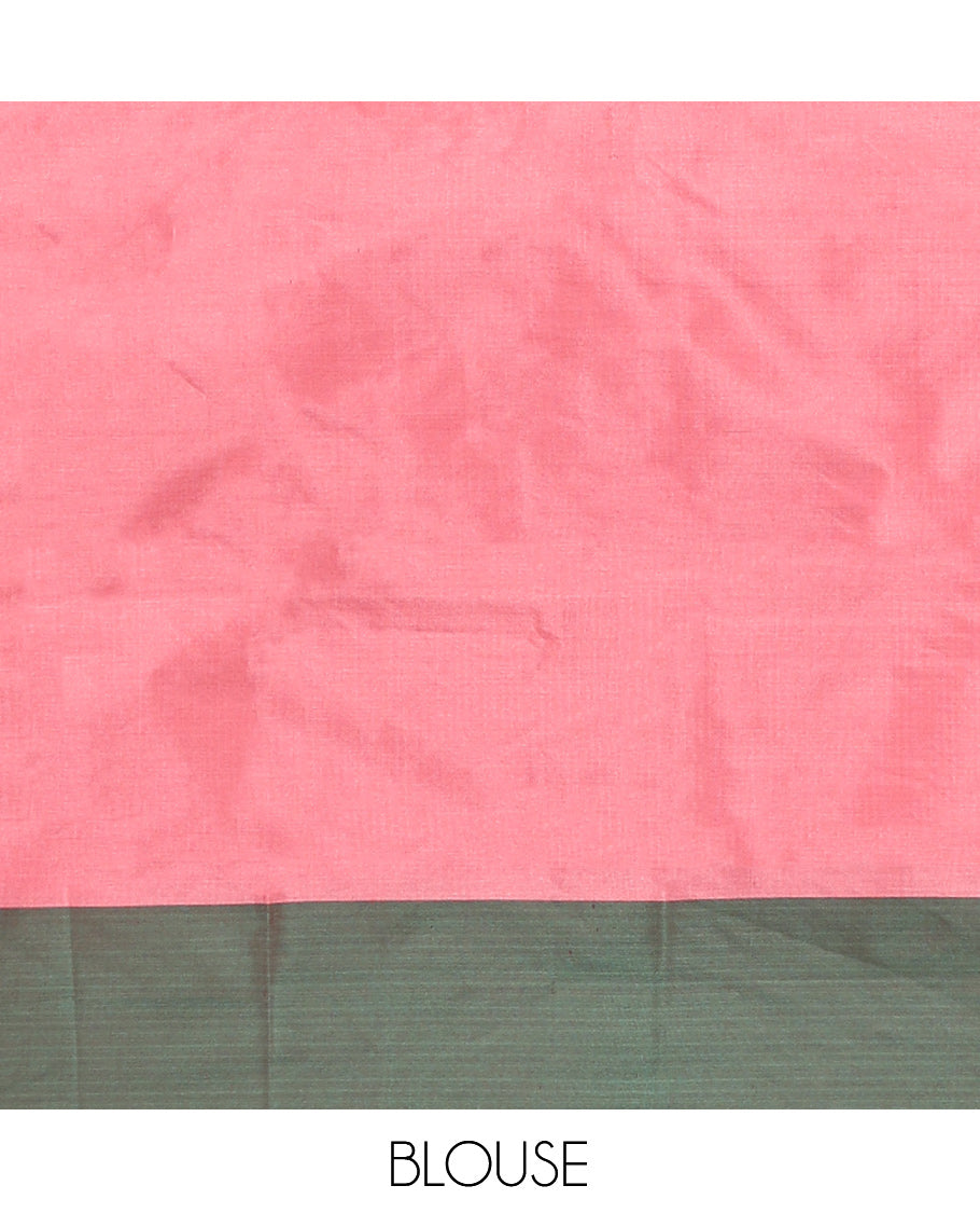 Peach Arani Saree, Subtly Sparkled with Butta Enclosed Checks, a Contrast Bodi Border, Self-Pallu, and a Matching Blouse