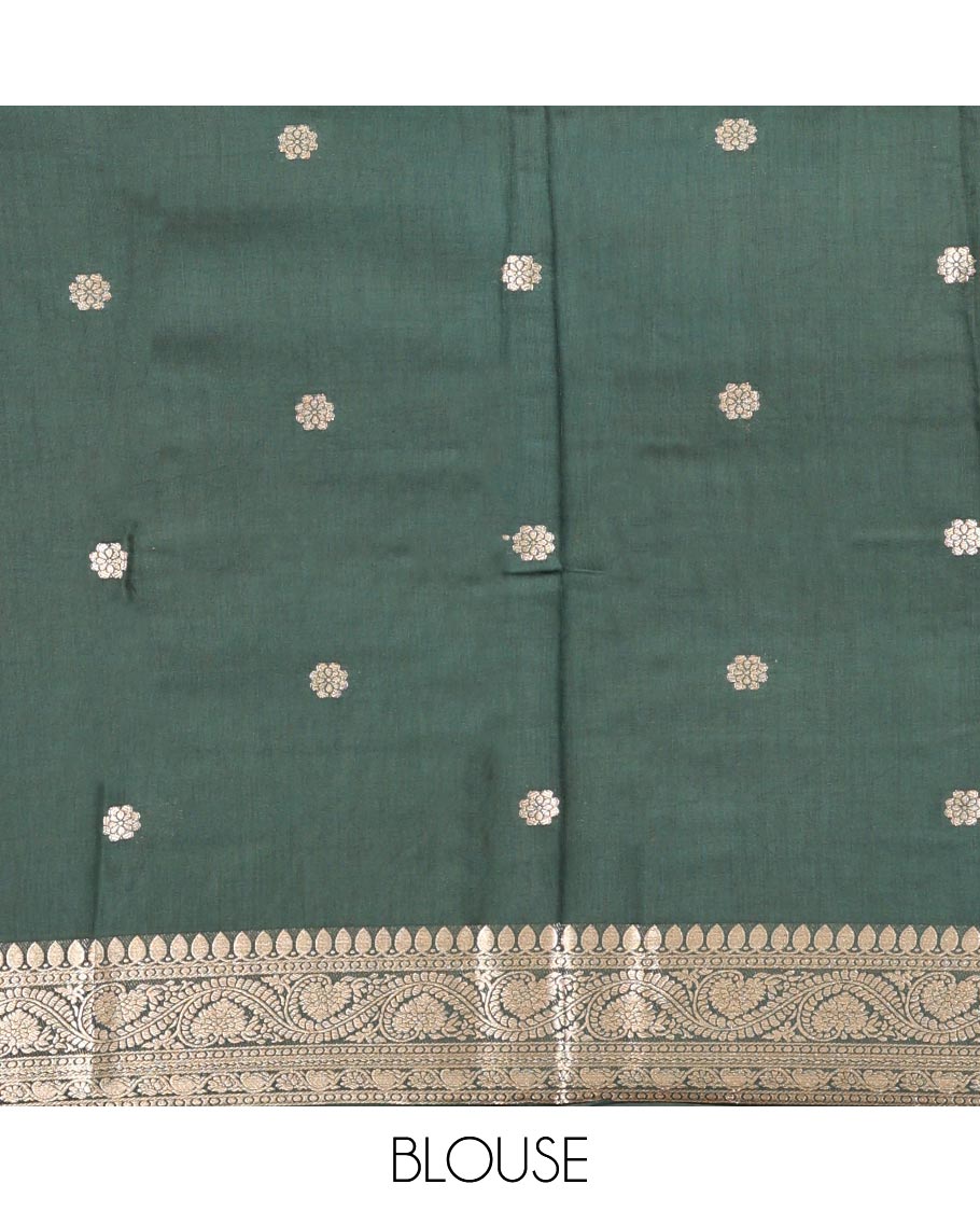 Orange Assam Silk Saree, Woven with Buttas, Complemented by a Contrast Traditional Floral Creeper Zari Border, Zari Design Pallu, and a Contrast Blouse