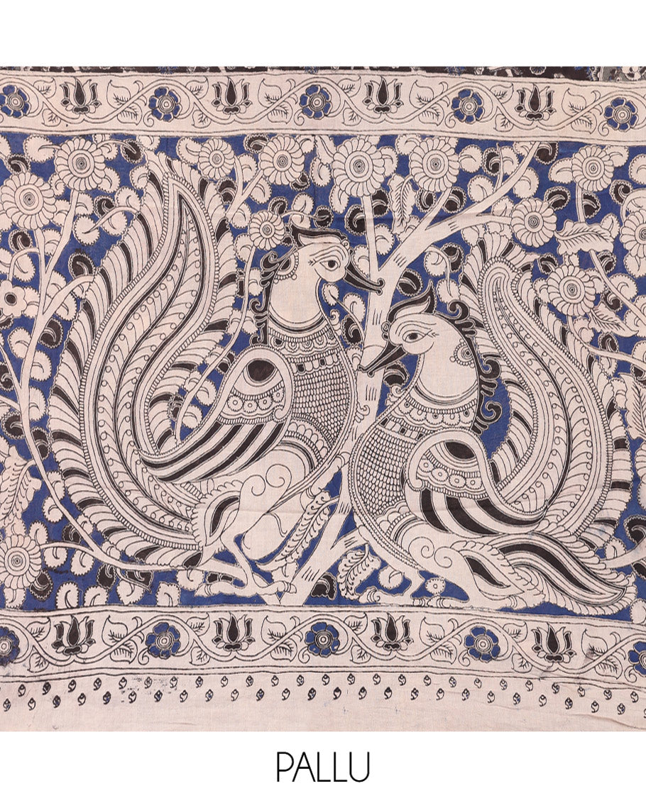 Black Kalamkari Cotton Saree, Elevated with Animal and Floral Motif Print, Complemented By Printed Border, Kalamkari Peacock Motifs Pallu, and a Matching Blouse