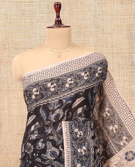 Black Kalamkari Cotton Saree, Elevated with Animal and Floral Motif Print, Complemented By Printed Border, Kalamkari Peacock Motifs Pallu, and a Matching Blouse