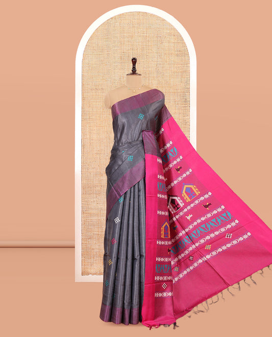 Grey Tussar Saree, Enthralled with Pasapalli Buttas, a Contrast Plain Border, Intricately Woven Pallu, and a Contrast Blouse
