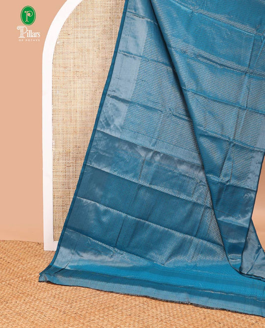 Blue antique zari striped desig soft silk saree with self border & self pallu along with silver zari blouse