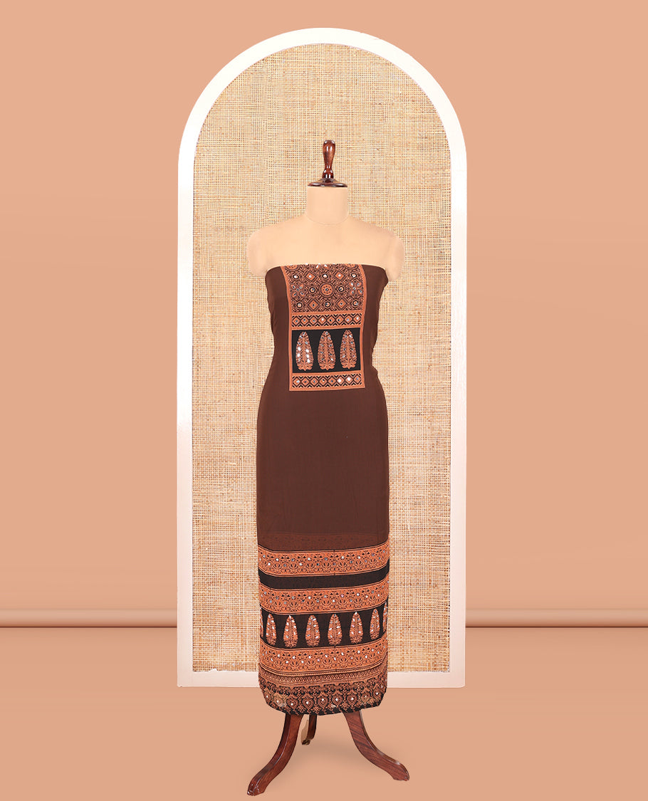 Coffee Brown Georgette Material Churidar, Ajrakh Print and Mirror Work Top, a Matching Bottom, and Ajrakh Printed Dupatta