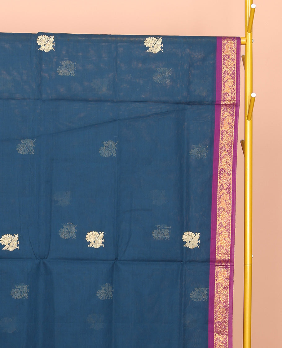 Blue Venkatagiri Cotton Saree, Bedecked with Peacock Buttas and Checks, a Contrast Traditional Zari Border, Pallu of Stripes, and No Blouse