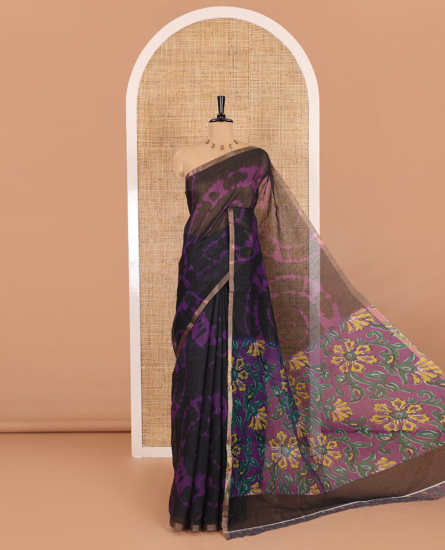 Borderless black big circle shibori printed linen cotton saree, contrast sanganeri floral block printed pallu, and a contrast printed blouse