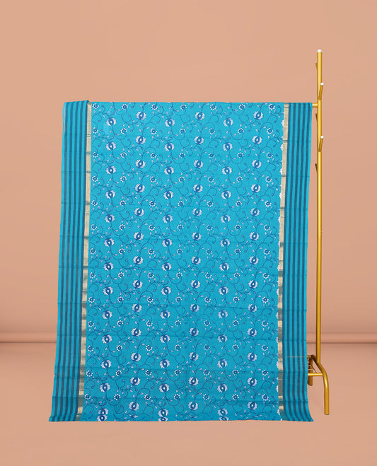 Blue Chirala Cotton Saree, Detailed with a Floral Vine Print, Striped Border, Printed Pallu, and a Matching Blouse