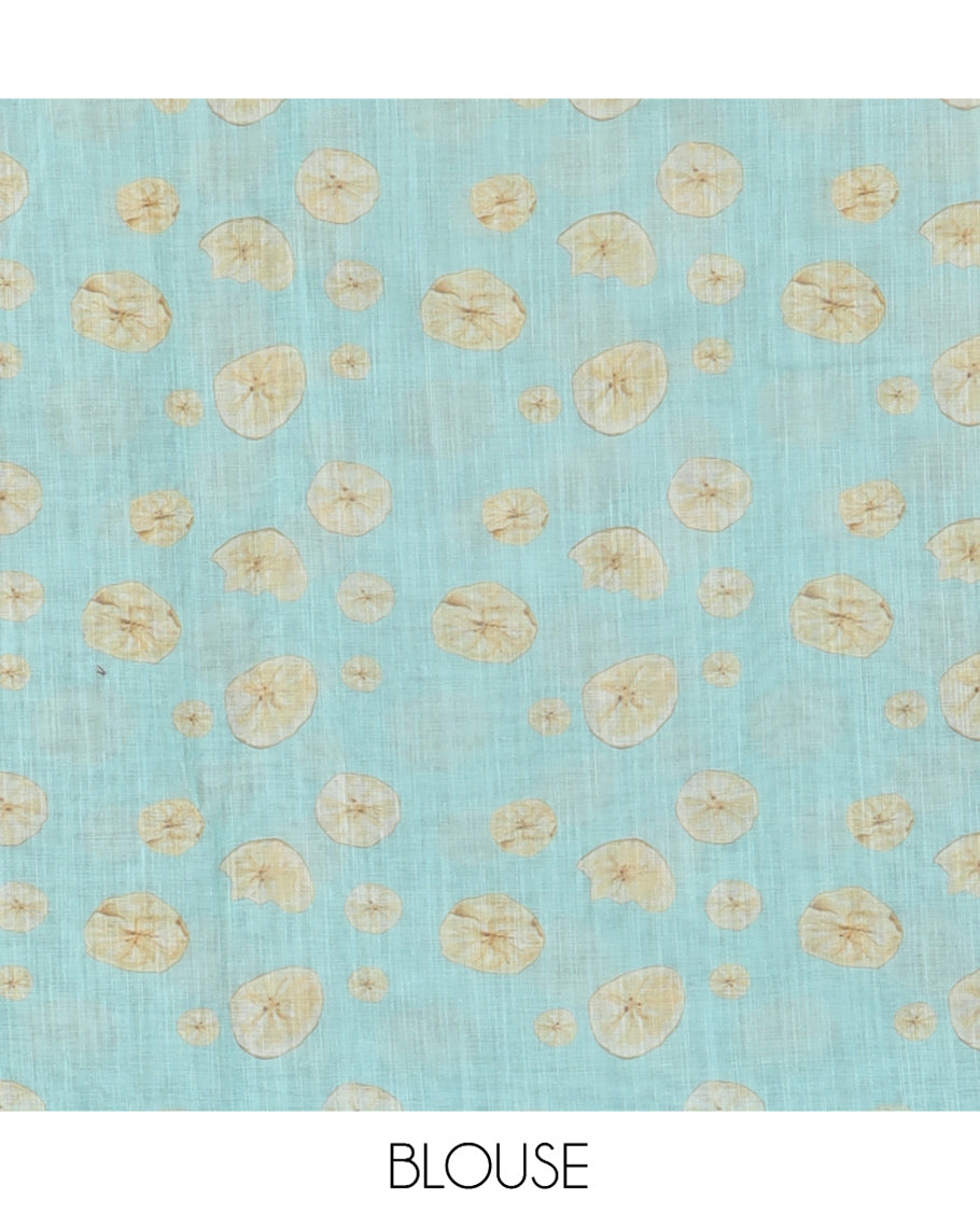 Borderless Sea Green Nentharanga Chips Printed Chanderi Cotton Saree, a Piping Border, Matching Blouse