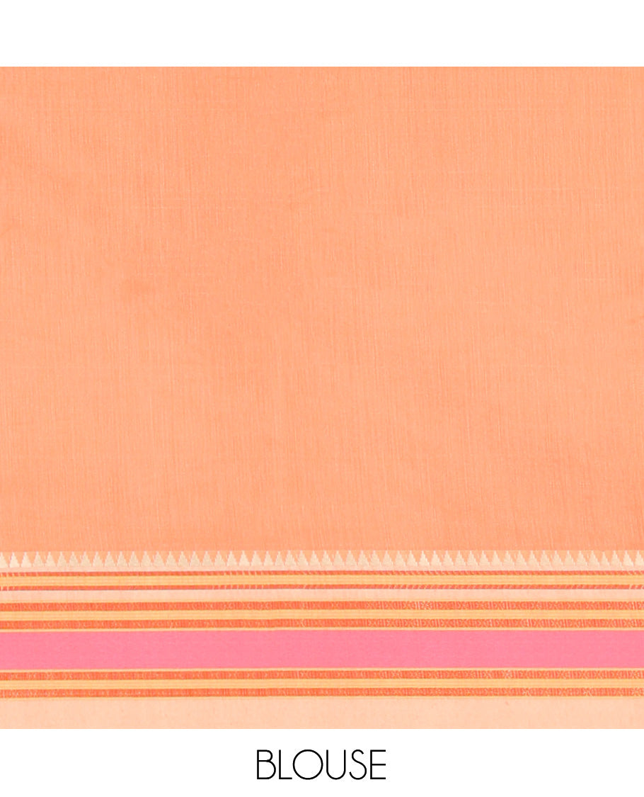 Orange Plain Mercerised Cotton Saree, Complemented by Contrast Traditional Border, Striped Pallu, and a Matching Blouse