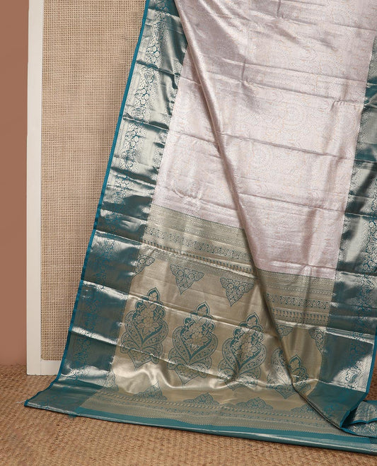 Ivory jacquard budget silk saree, contrast traditional zari border, and Mughal style zari woven pallu