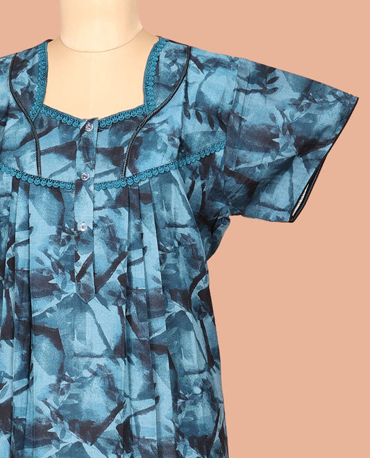 Blue Abstract Print Cotton-Blended Nighty